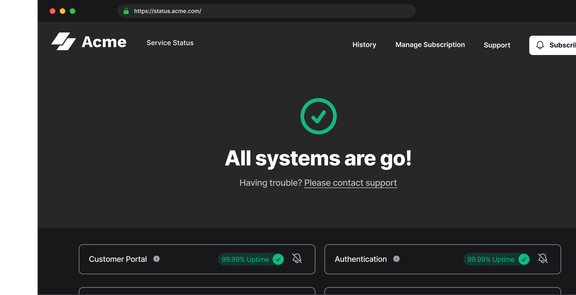 Sorry™ status page example for Acme showing all systems operational with service uptime.