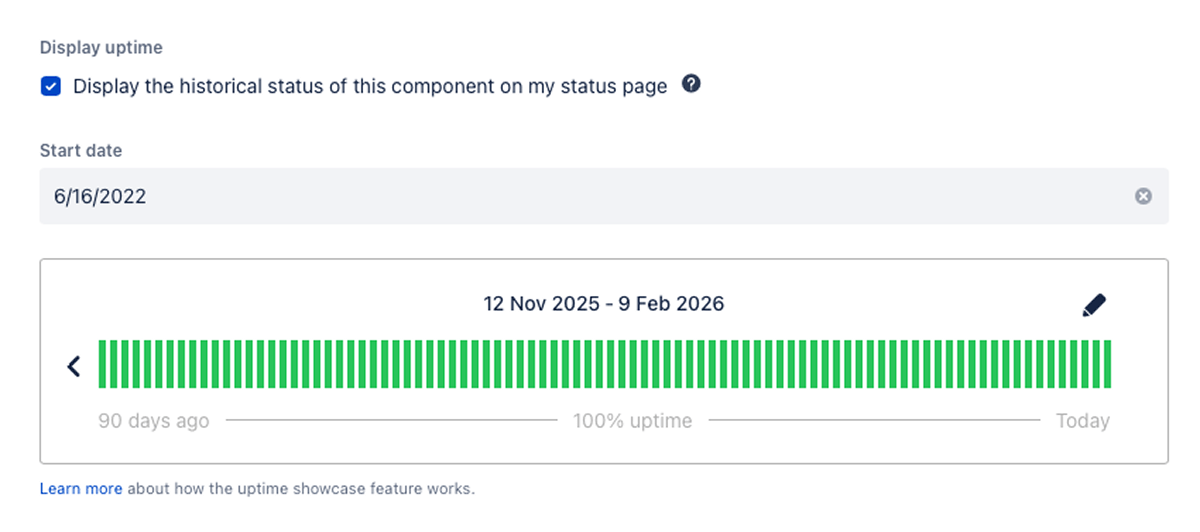 Atlassian Statuspage interface showing how to enable uptime metrics at component level