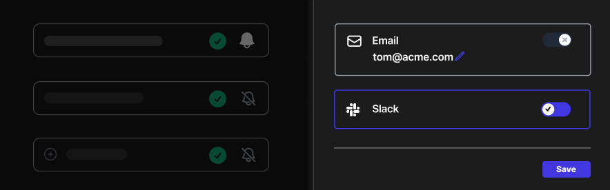 Sorry™ subscriber preferance window showing components, email and Slack as notifications method for a single subscriber.