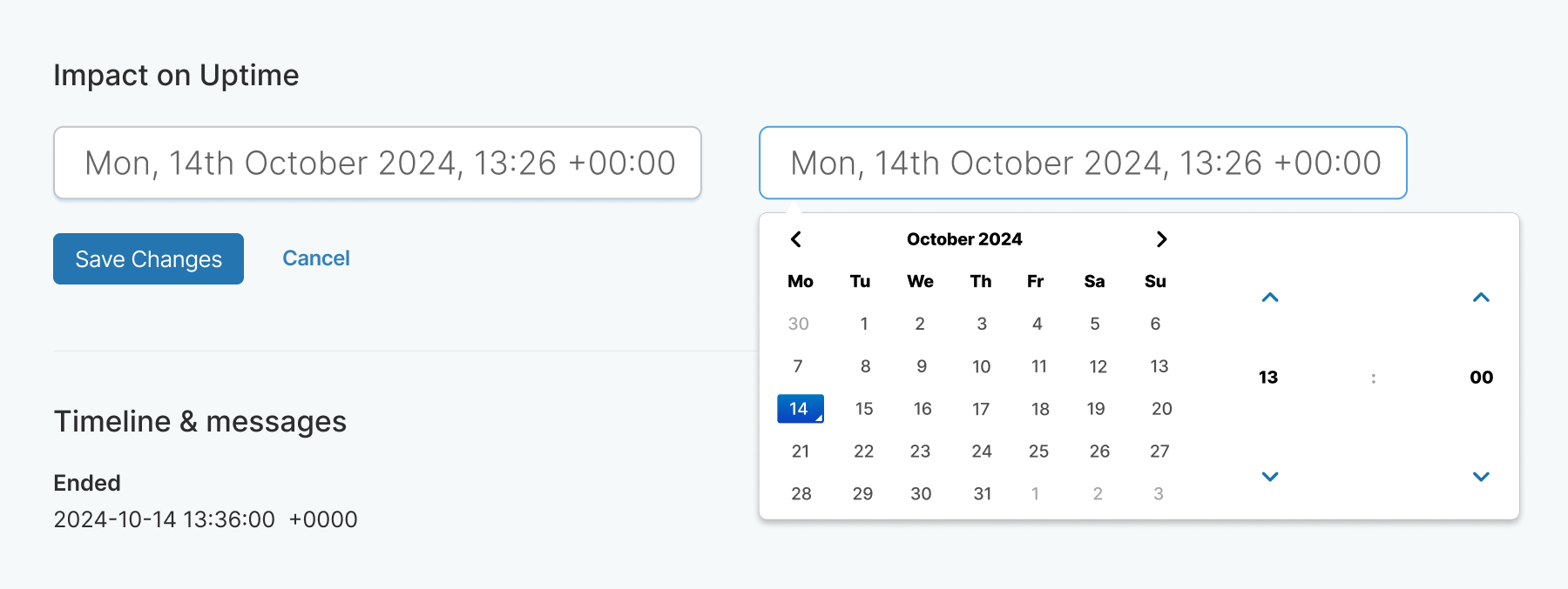 A form that is showing impact on uptime with a calendar for October 2024, with timeline showing ended date.