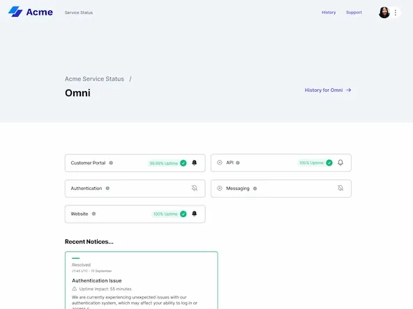 Sorry™ individual status page for Omni showing components Customer Portal at 99.99% uptime, API at 100% uptime, Authentication unavailable, Messaging unavailable, and Website at 100% uptime, with recent authentication issue notice.
