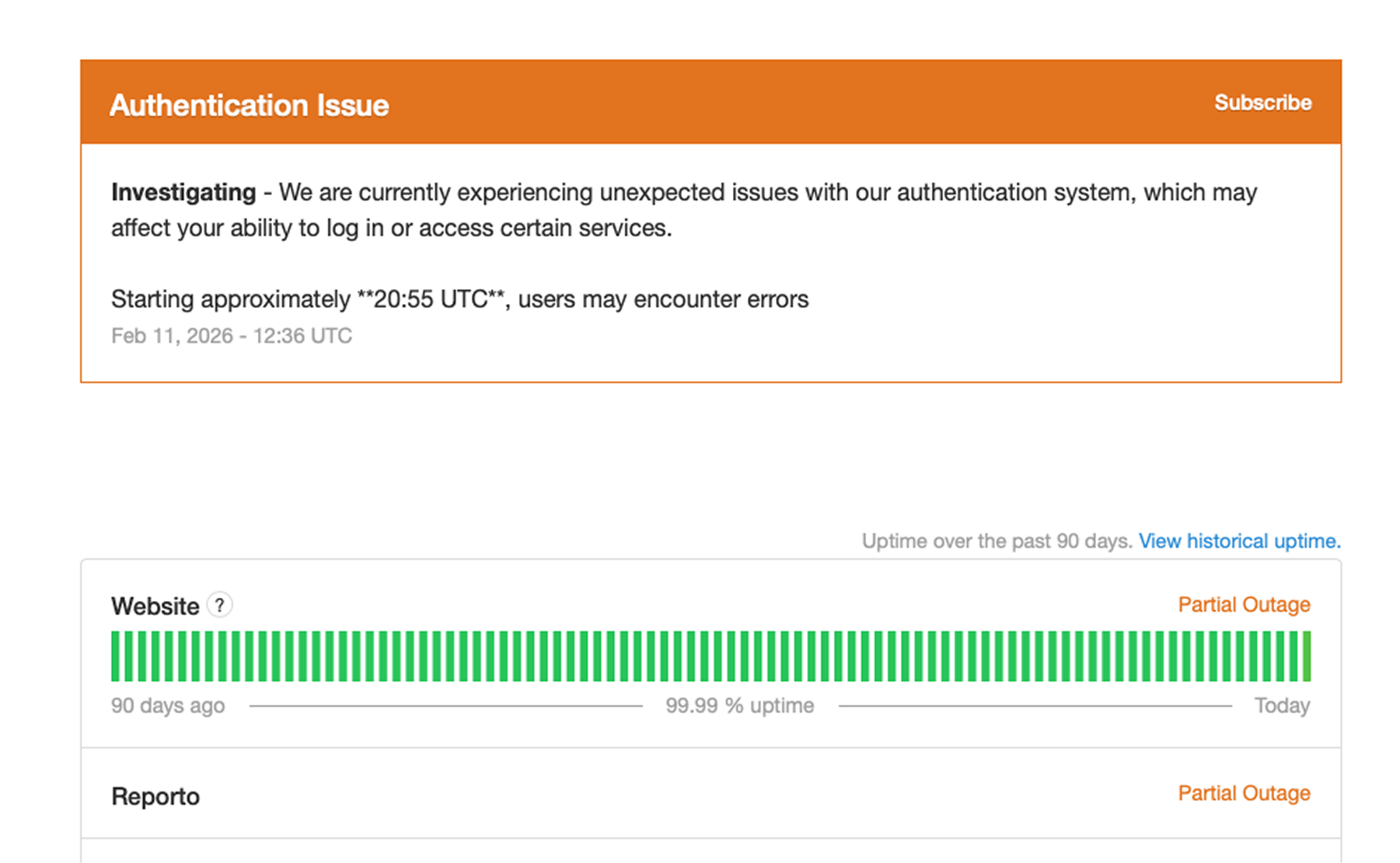 Atlassian Statuspage showing Authentication Issue orange banner with investigating status dated February 11 2026 12:36 UTC, Website component displaying 90-day uptime graph with 99.99% uptime marked as Partial Outage, and Reporto component showing Partial Outage status with View historical uptime link