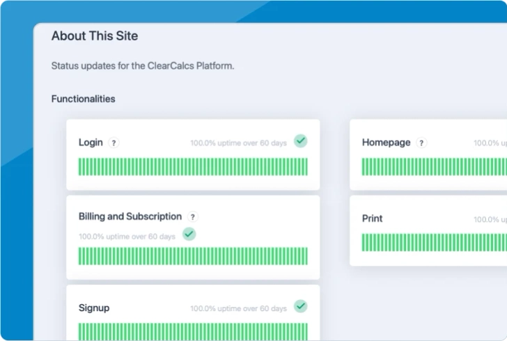 ClearCalcs status page showing About This Site section with Functionalities including Login, Homepage, Billing and Subscription, Print, and Signup all at 100% uptime over 60 days with green uptime bar charts