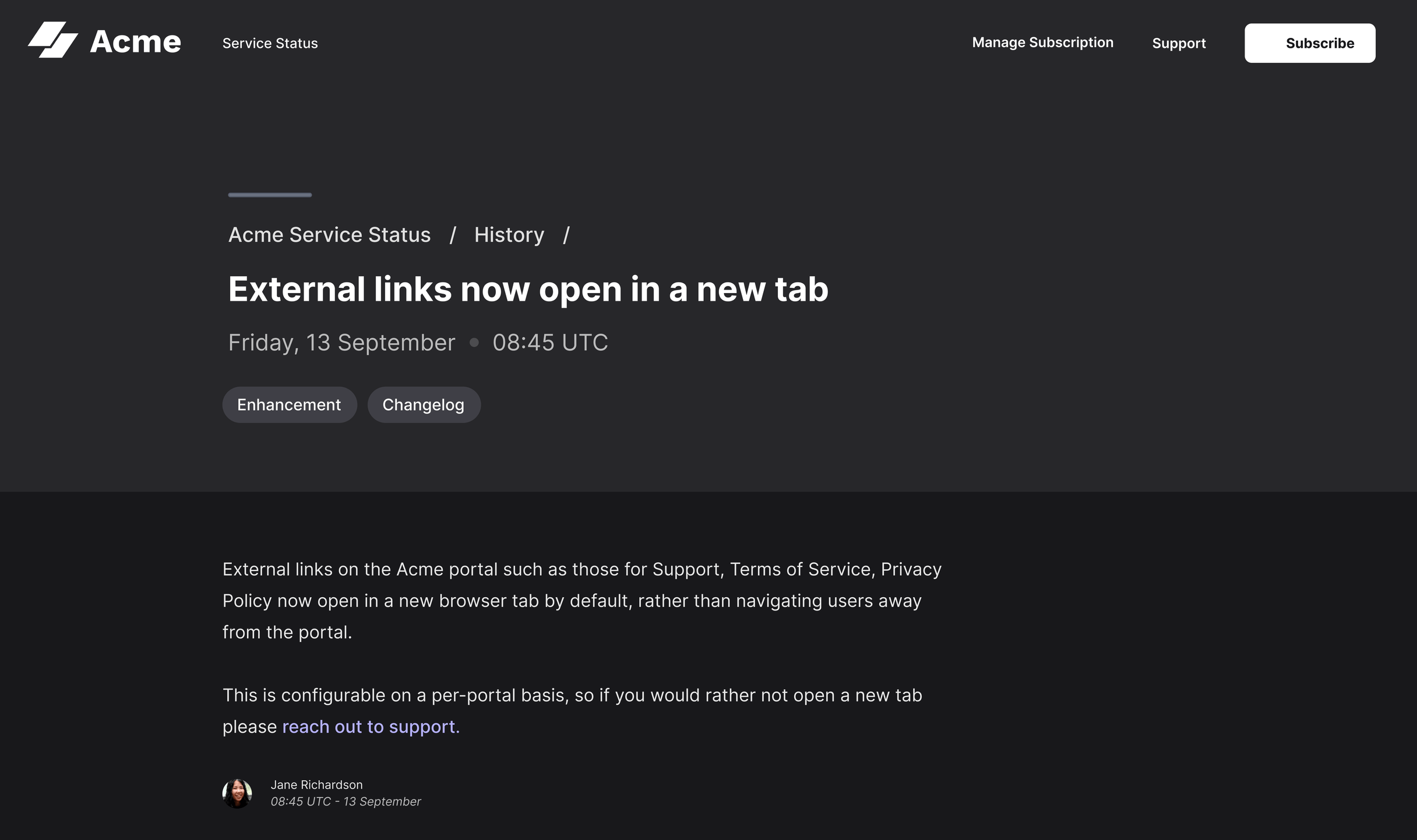 Sorry™ general notice detail page showing enhancement announcement for external links opening in new tabs, posted Friday September 13 at 08:45 UTC, tagged as Enhancement and Changelog.