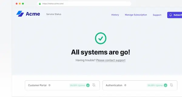 Sorry™ status page example for Acme showing all systems operational with service uptime.