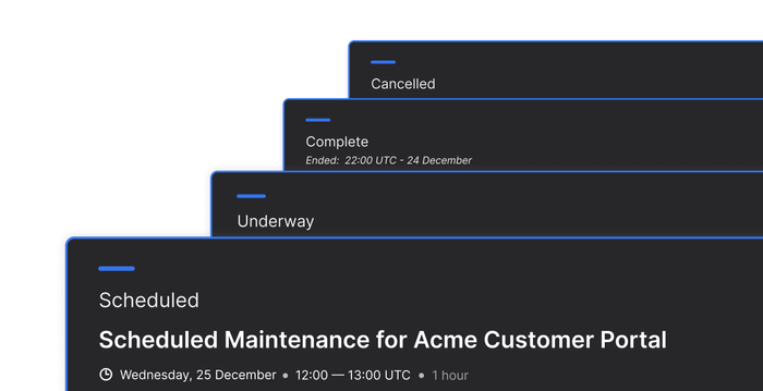Sorry™ maintenance workflow example showing stacked status cards from Scheduled through Underway to Complete.