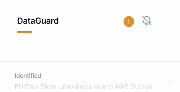 Sorry™ component card showing the service DataGuard as degraded with an orange circled exclamation and a striked through bell icon, with a notice below with state of identified for an AWS outage.
