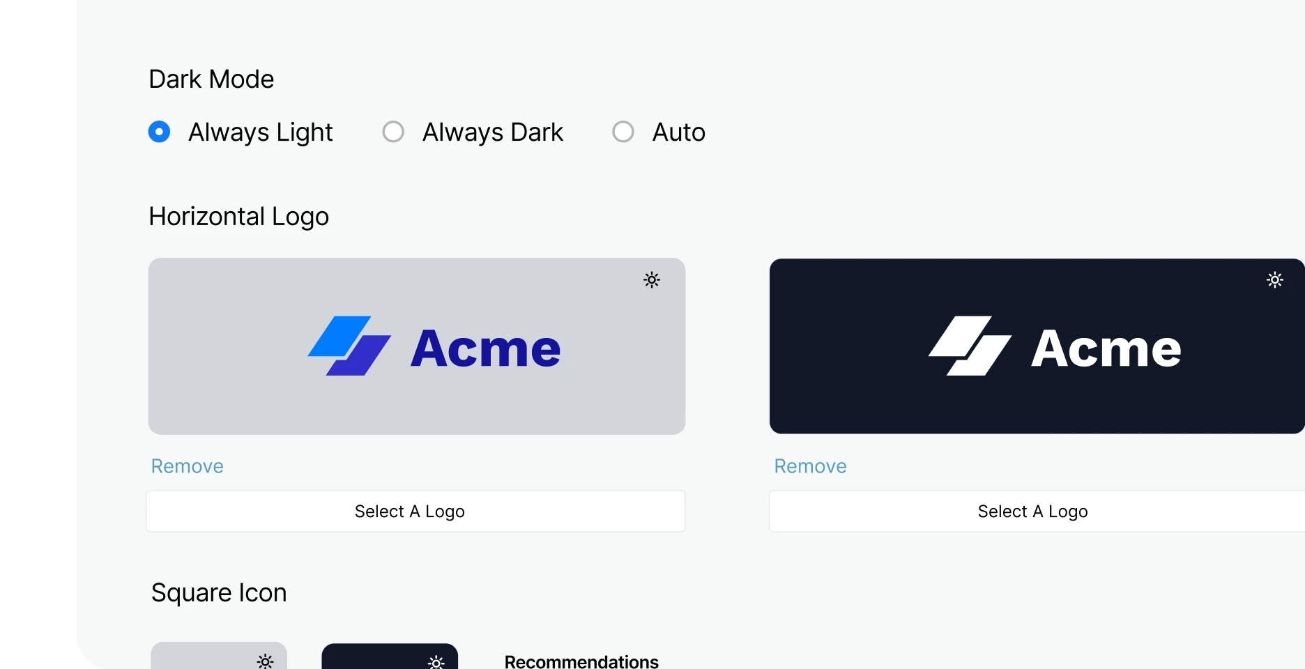 Sorry™ brand customisation settings showing dark mode preferences and logo upload options for light and dark theme variations.