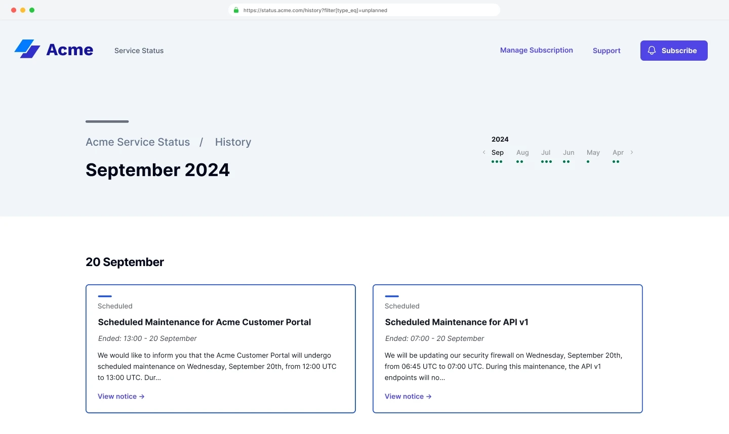 Sorry™ maintenance history browser view showing September 2024 filtered by unplanned maintenance with dot indicators for activity by month.