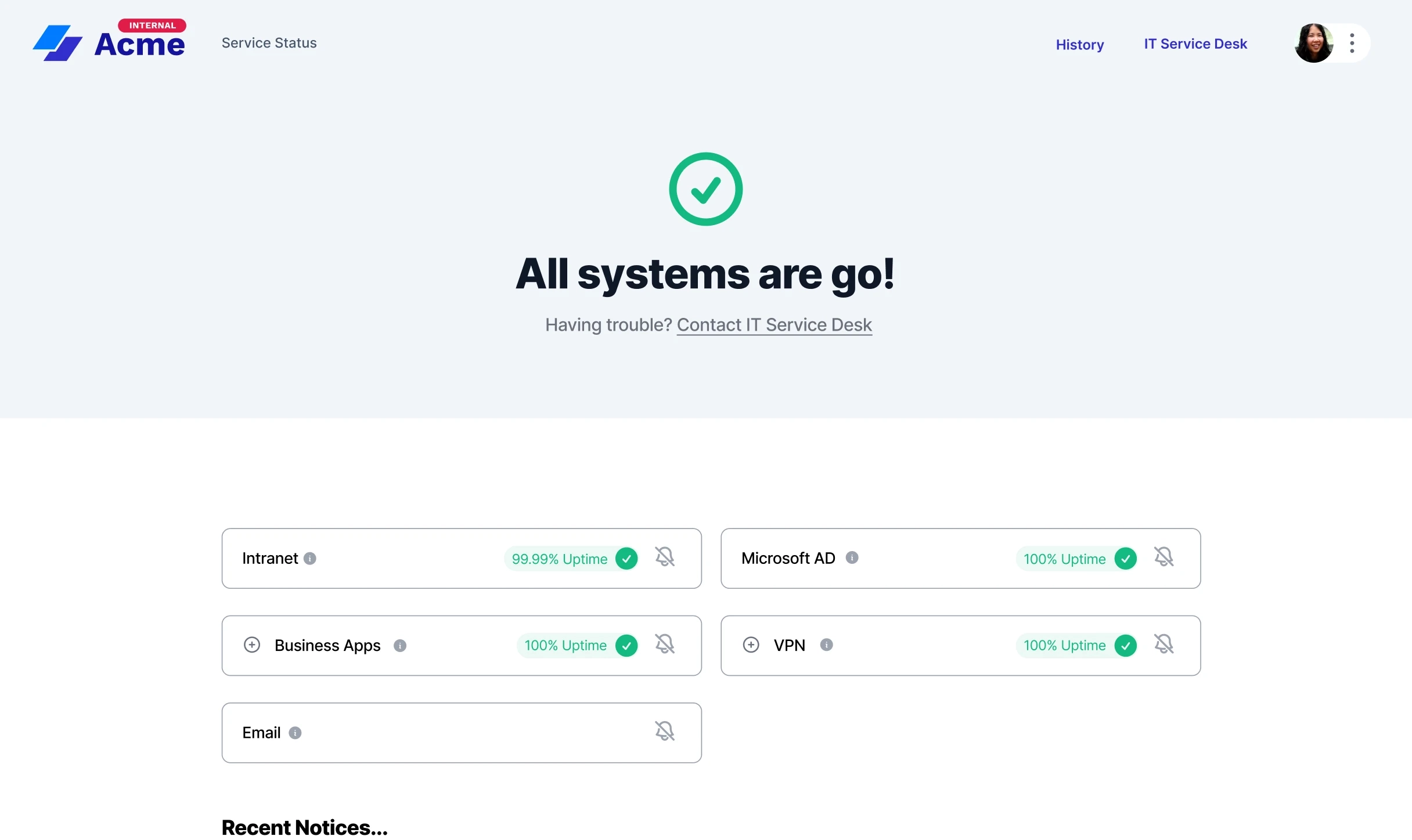 Sorry™ internal status page for Acme showing all systems are go with service components including Intranet, Microsoft AD, Business Apps, VPN, and Email all showing 100% uptime.