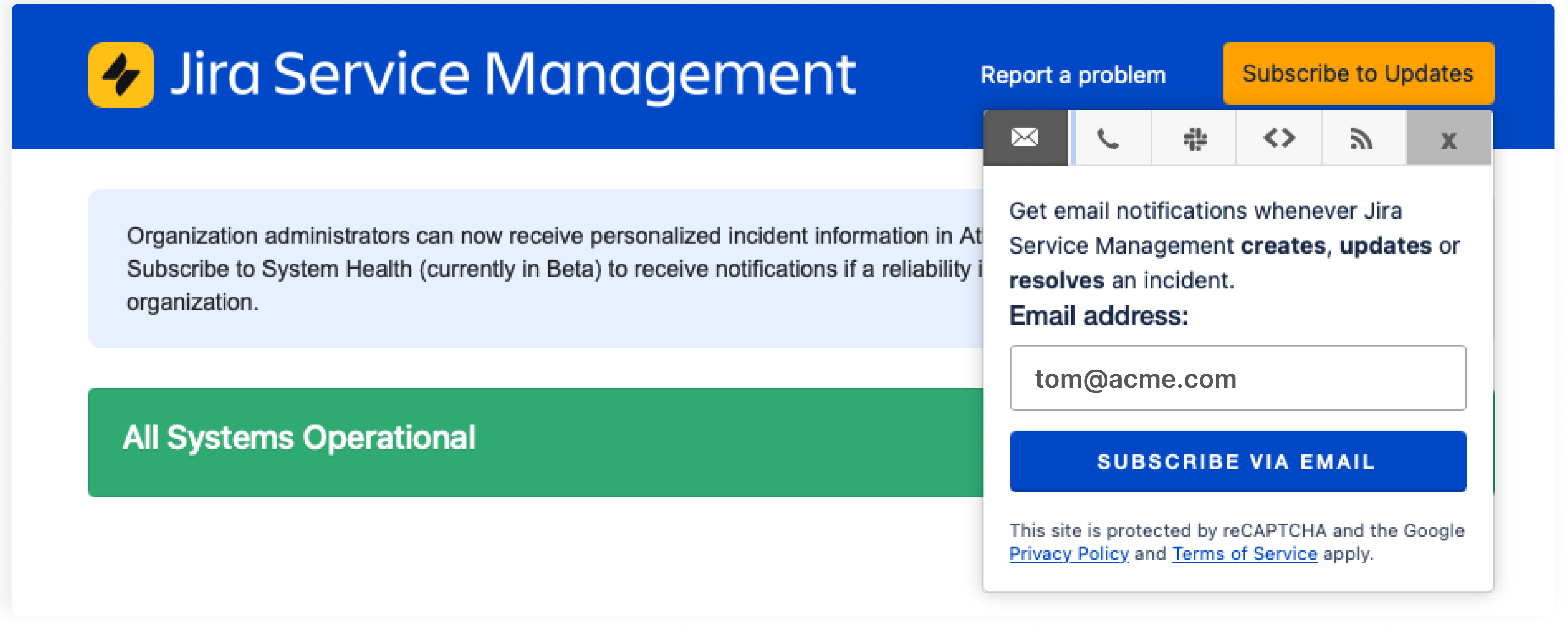 Atlassian Statuspage subscriber preferances drop down showing Email and tabs for SMS, Slack, Webhook and RSS feeds.