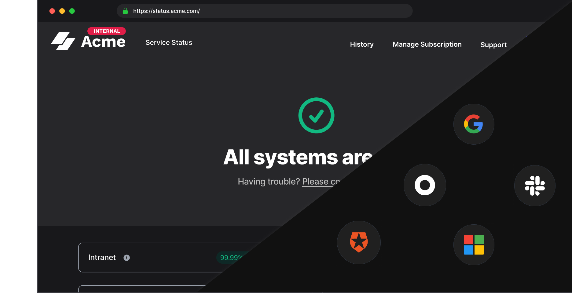 Sorry™ status page for internal users showing SSO authentication options including Google, Auth0, Okta, Slack, and Microsoft.