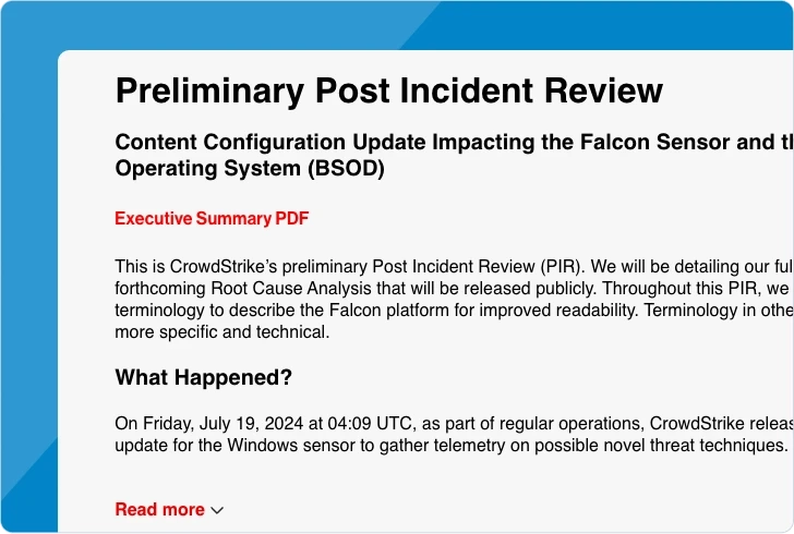 CrowdStrike Preliminary Post Incident Review for Content Configuration Update impacting the Falcon Sensor and the Windows Operating System (BSOD) with Executive Summary PDF link and What Happened section dated July 19, 2024.