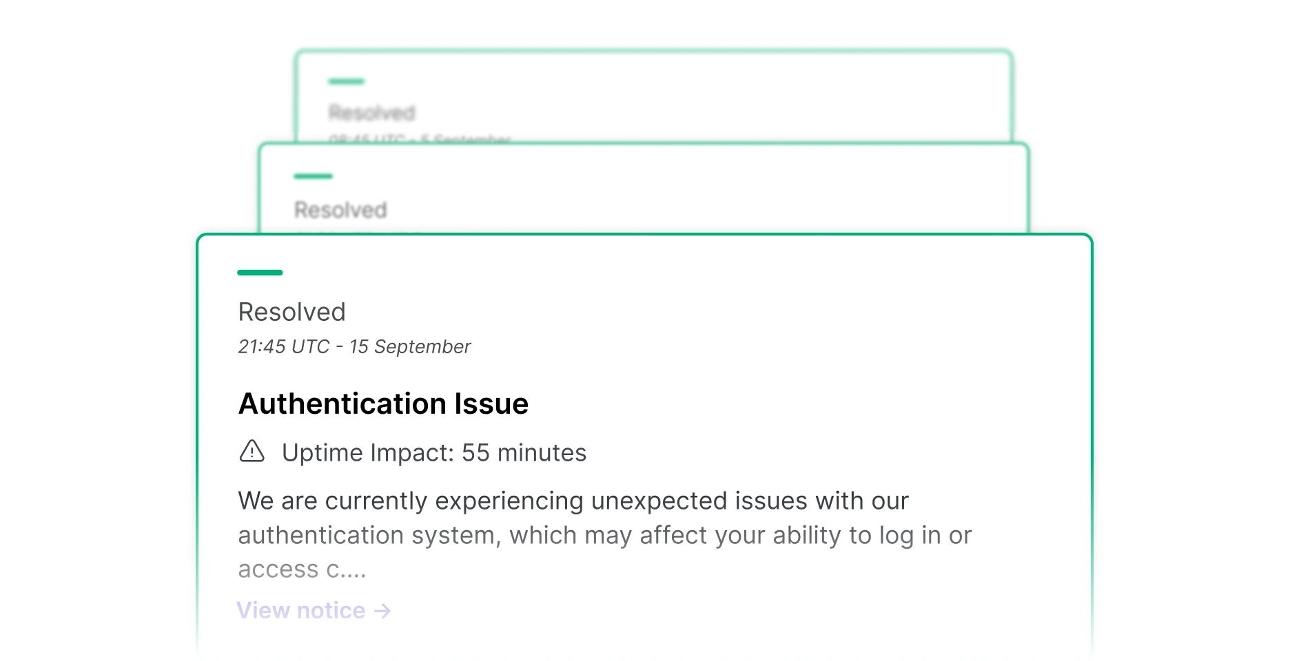 Sorry™ stacked resolved incident notice cards showing Authentication Issue with 55 minutes uptime impact dated September 15.