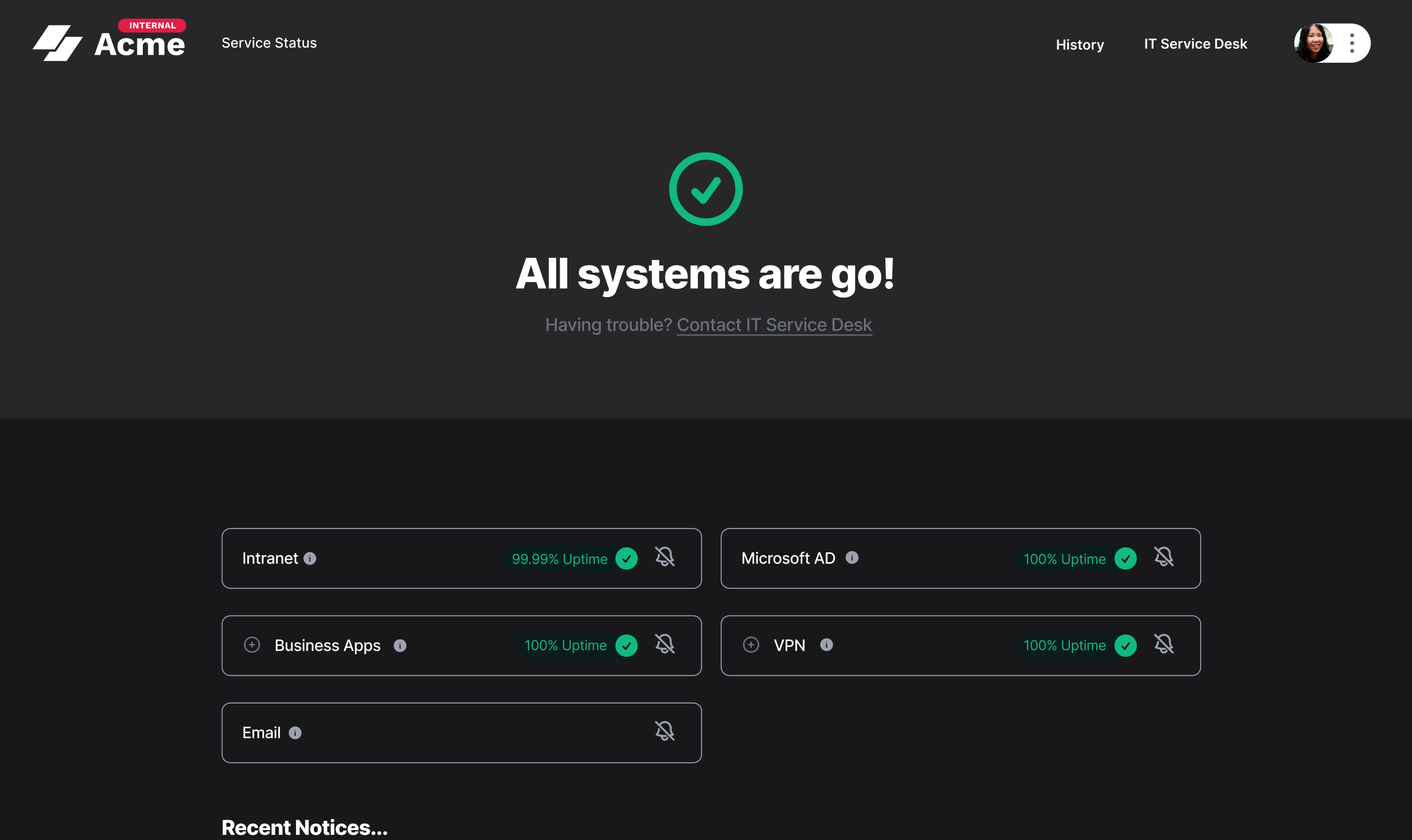 Sorry™ internal status page for Acme showing all systems are go with service components including Intranet, Microsoft AD, Business Apps, VPN, and Email all showing 100% uptime.