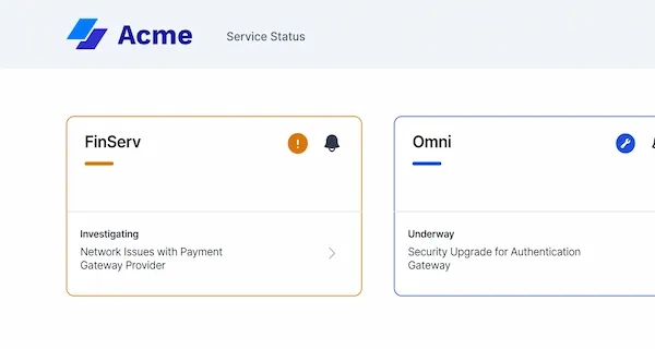 Sorry™ collection overview showing FinServ with investigating status for network issues and Omni with underway maintenance.