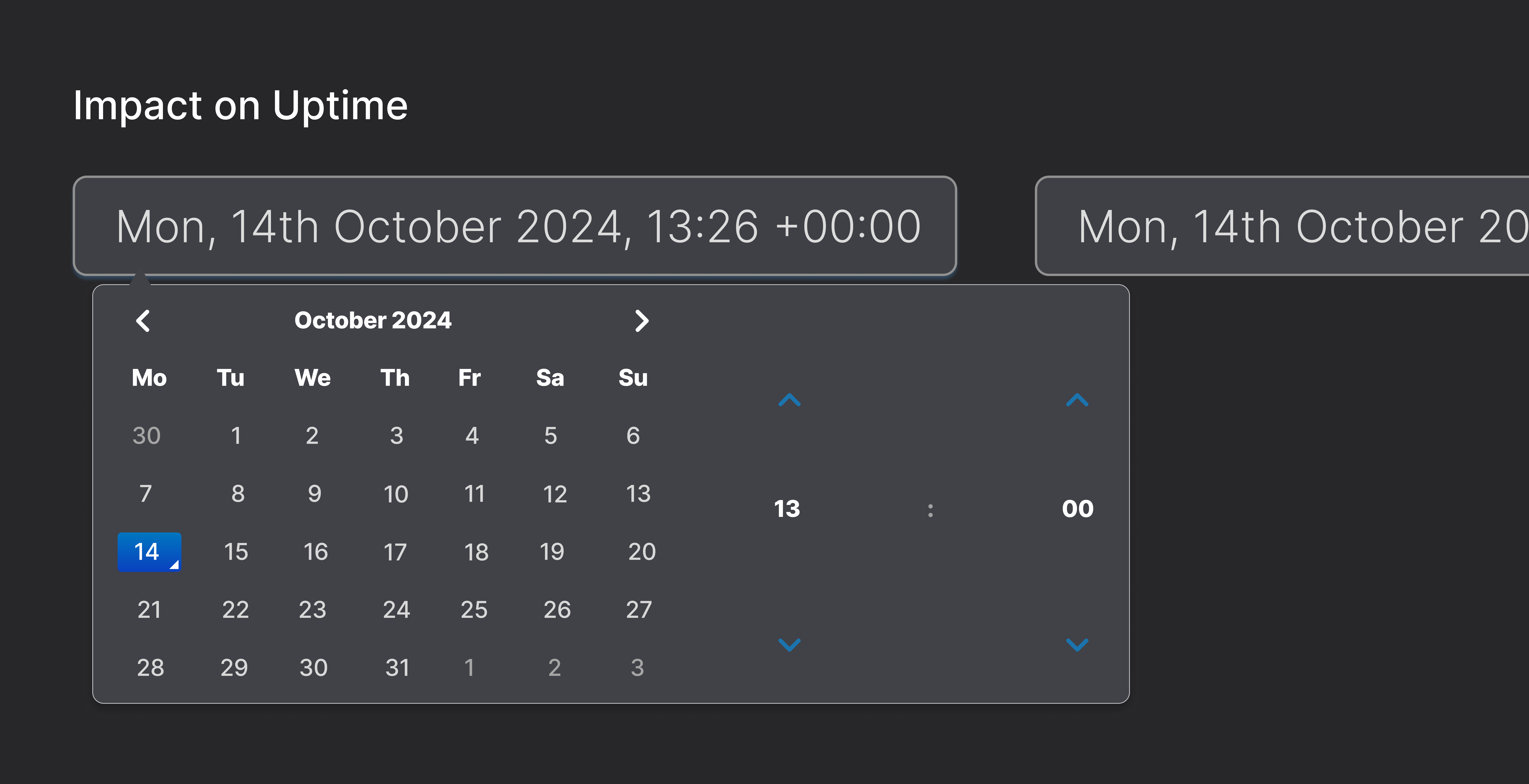 Sorry™ impact on uptime date and time picker showing a calendar selection for October 14th, 2024 with precise time controls.