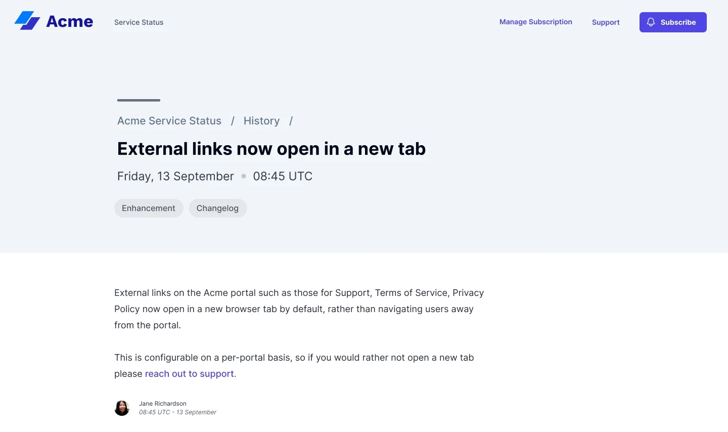 Sorry™ general notice detail page showing enhancement announcement for external links opening in new tabs, posted Friday September 13 at 08:45 UTC, tagged as Enhancement and Changelog.