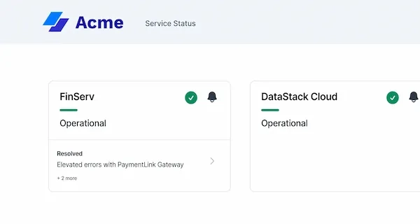 Sorry™ component cards showing FinServ operational with resolved incidents and DataStack Cloud operational.