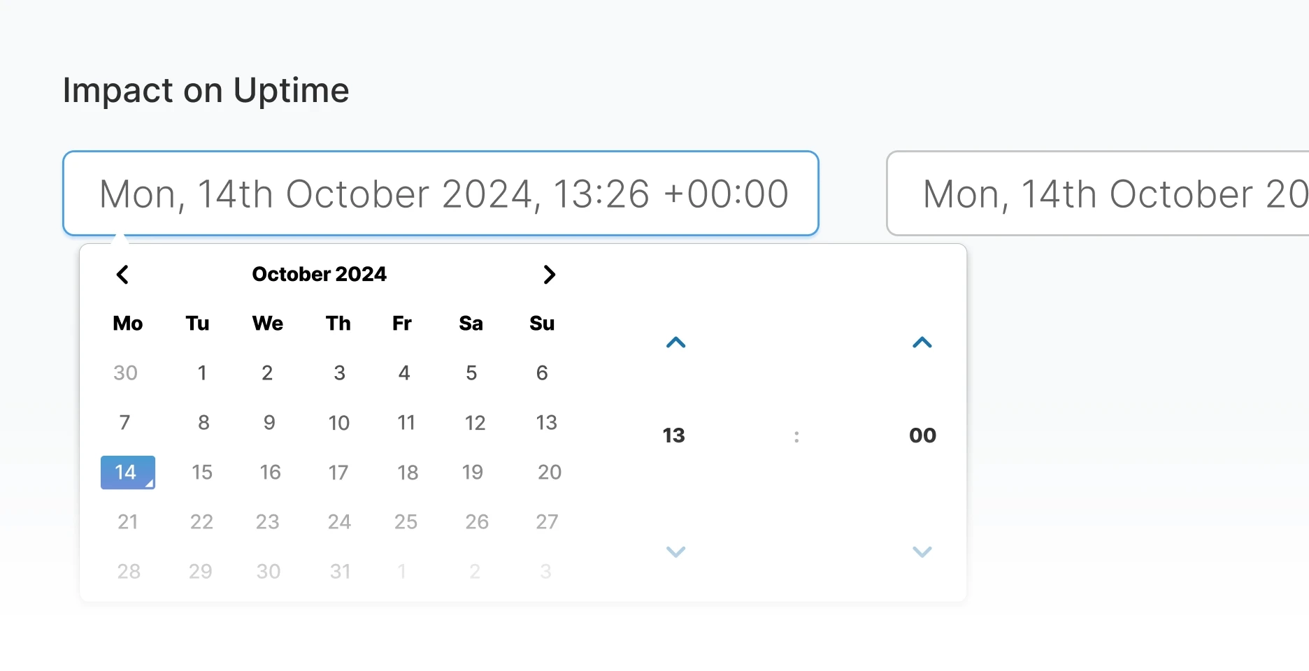Sorry™ impact on uptime date and time picker showing a calendar selection for October 14th, 2024 with precise time controls.