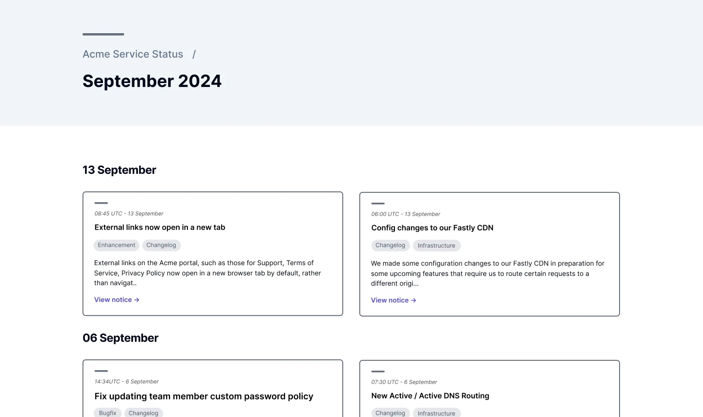 Sorry™ notice history page for Acme Service Status showing September 2024 changelog entries including external link improvements, Fastly CDN configuration changes, password policy fixes, and DNS routing updates.