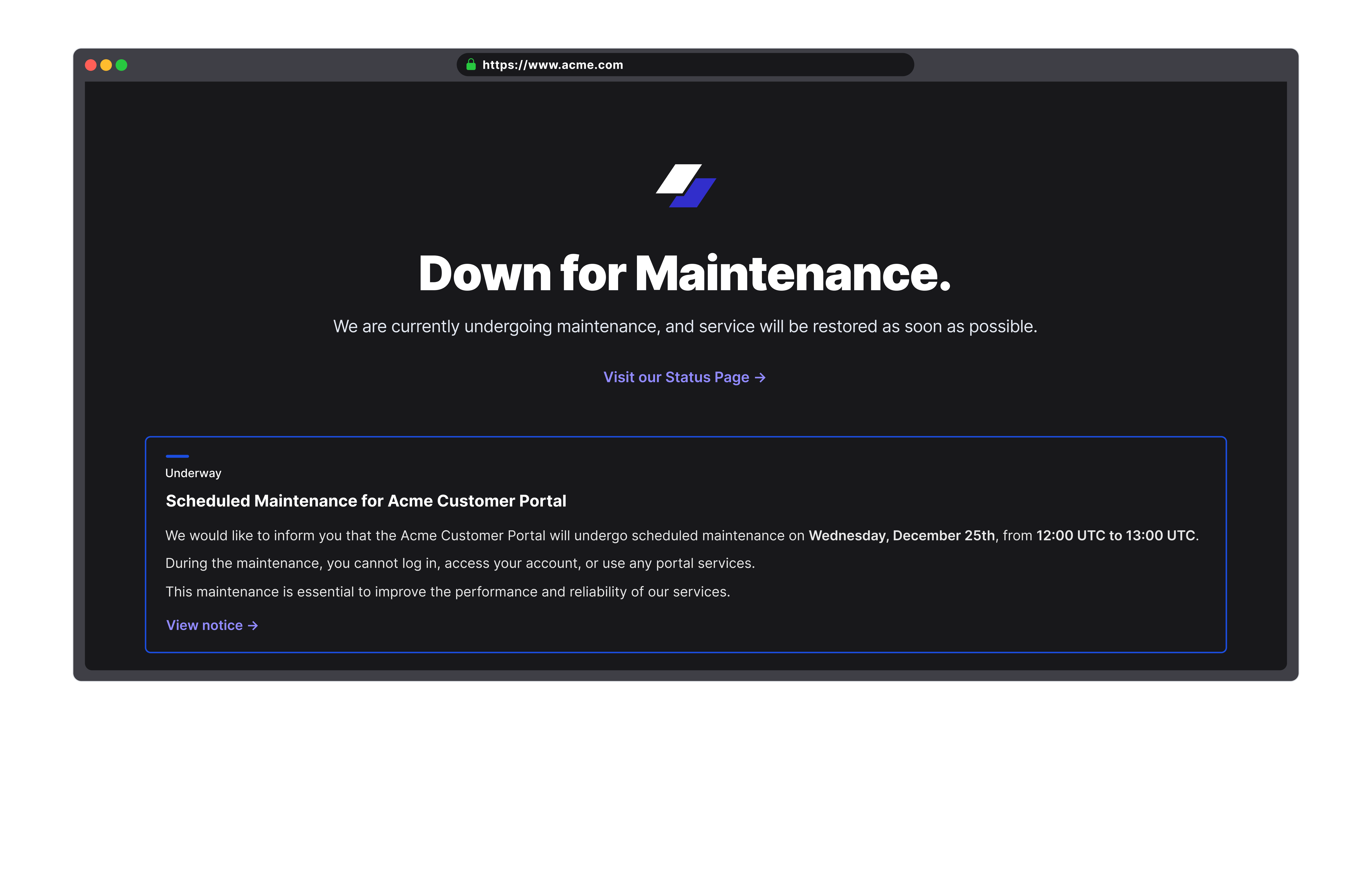 Sorry™ maintenance mode page showing 'Down for Maintenance' message with link to status page and underway maintenance notice for Acme Customer Portal scheduled for December 25.