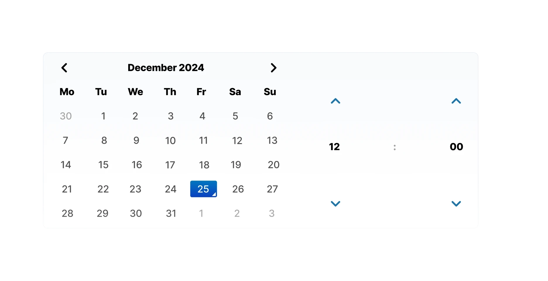 Sorry™ maintenance scheduling calendar picker showing December 2024 with date 25 selected and time picker set to 12:00.