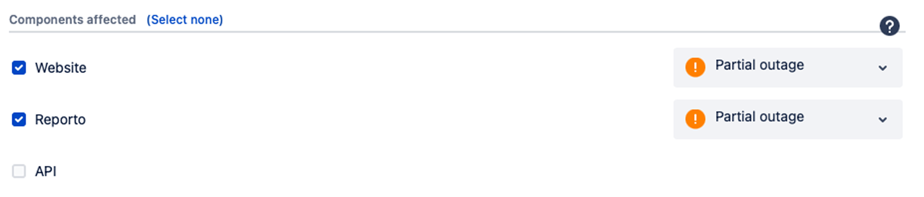 Atlassian Statuspage components affected section showing Website and Reporto selected with Partial outage status dropdowns, and API component unselected, with Select none option and help button