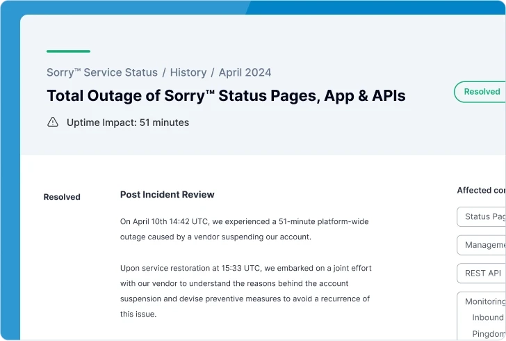 Sorry™ Post Incident Review for Total Outage of Sorry™ Status Pages, App & APIs showing resolved incident from April 2024 with 51 minutes uptime impact and affected components including Status Pages, Management UI, REST API, Monitoring, Inbound, and Pingdom