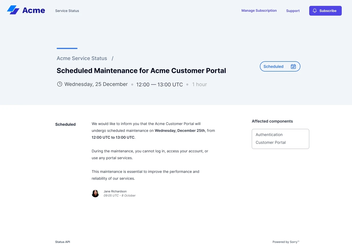 Sorry™ maintenance notice history page for September 2024 showing scheduled maintenance entries for Acme Customer Portal and API v1.