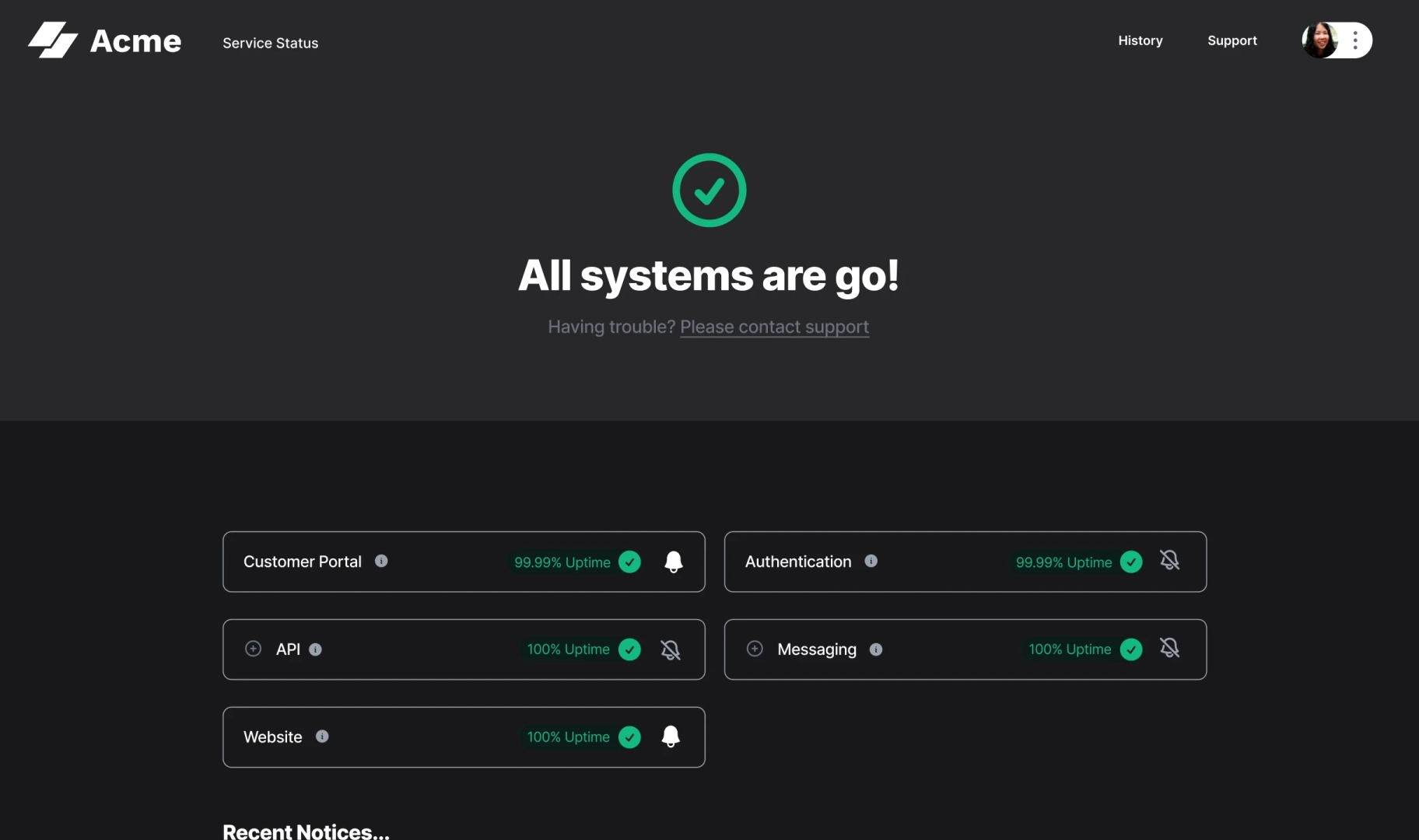 Sorry™ status page for Acme in dark mode showing all systems operational with components Customer Portal at 99.99% uptime, Authentication at 99.99% uptime, API at 100% uptime, Messaging at 100% uptime, and Website at 100% uptime