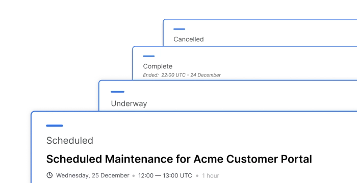 Sorry™ maintenance workflow example showing stacked status cards from Scheduled through Underway to Complete.