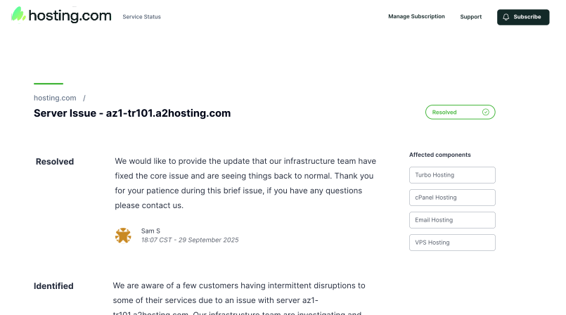 hosting.com status page displaying a service degradation incident notice with list of affected hosting services.