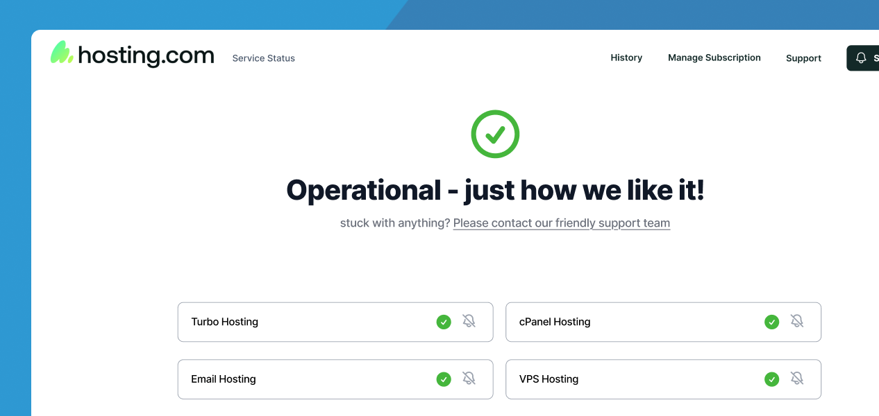 Sorry™ external status page for hosting.com showing all systems operational with components including Turbo Hosting, cPanel Hosting, Email Hosting, VPS Hosting, WordPress Hosting, A2 Optimized Plugin, Managed WordPress Hosting, and WooCommerce Hosting