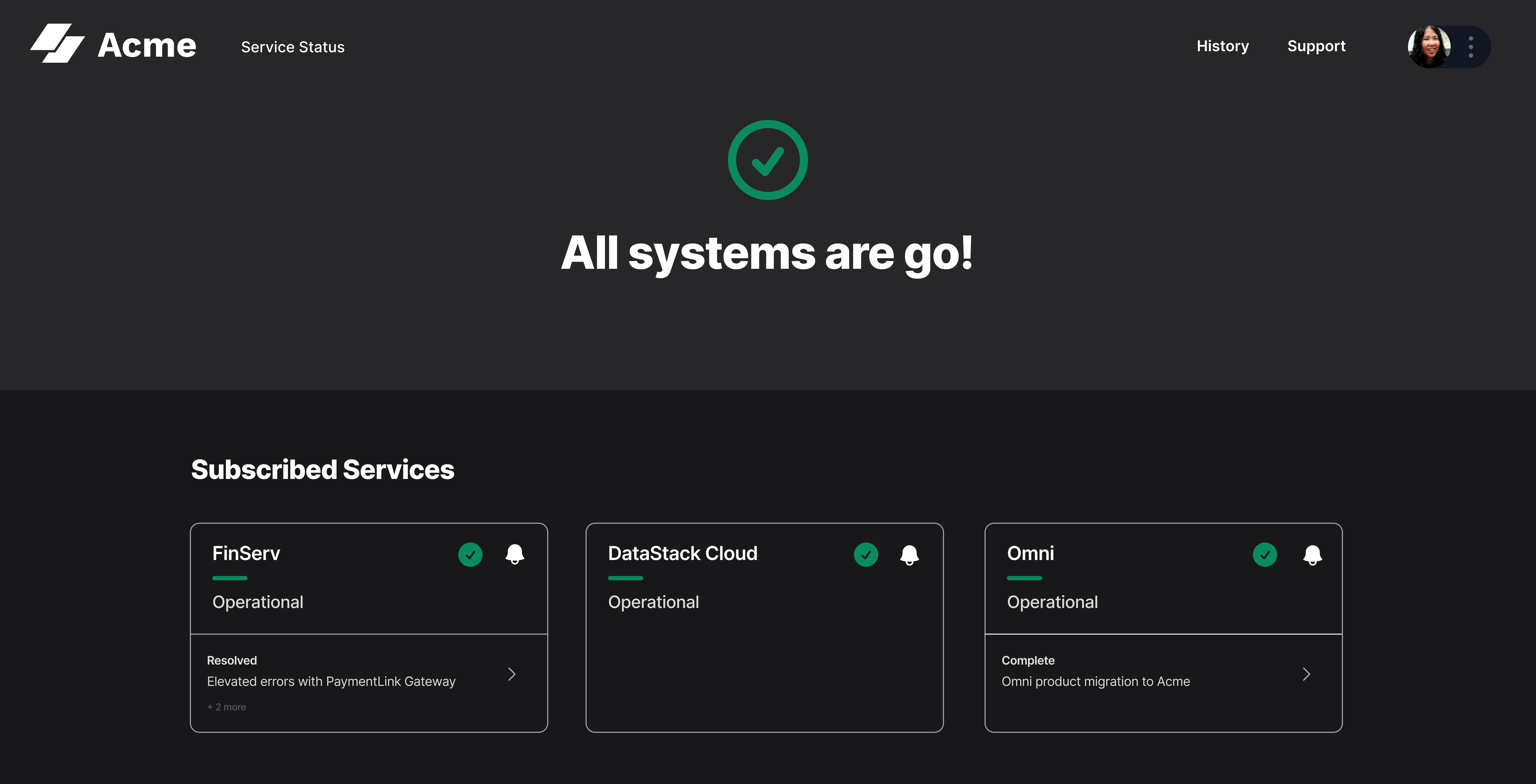 Sorry™ Collection showing personalized subscriber view showing FinServ, DataStack Cloud and Omni as the users services.