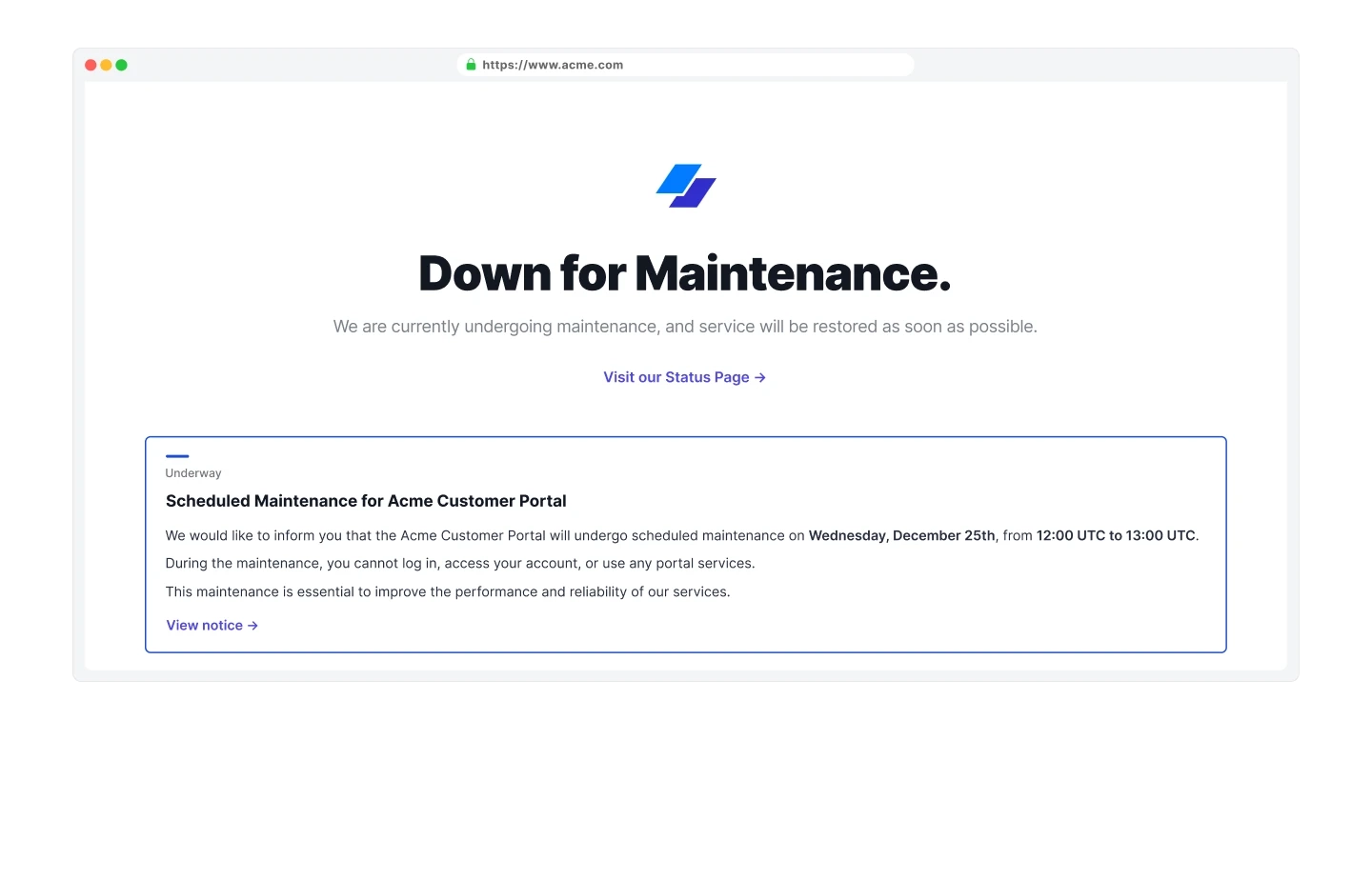 Sorry™ maintenance mode page showing 'Down for Maintenance' message with link to status page and underway maintenance notice for Acme Customer Portal scheduled for December 25.