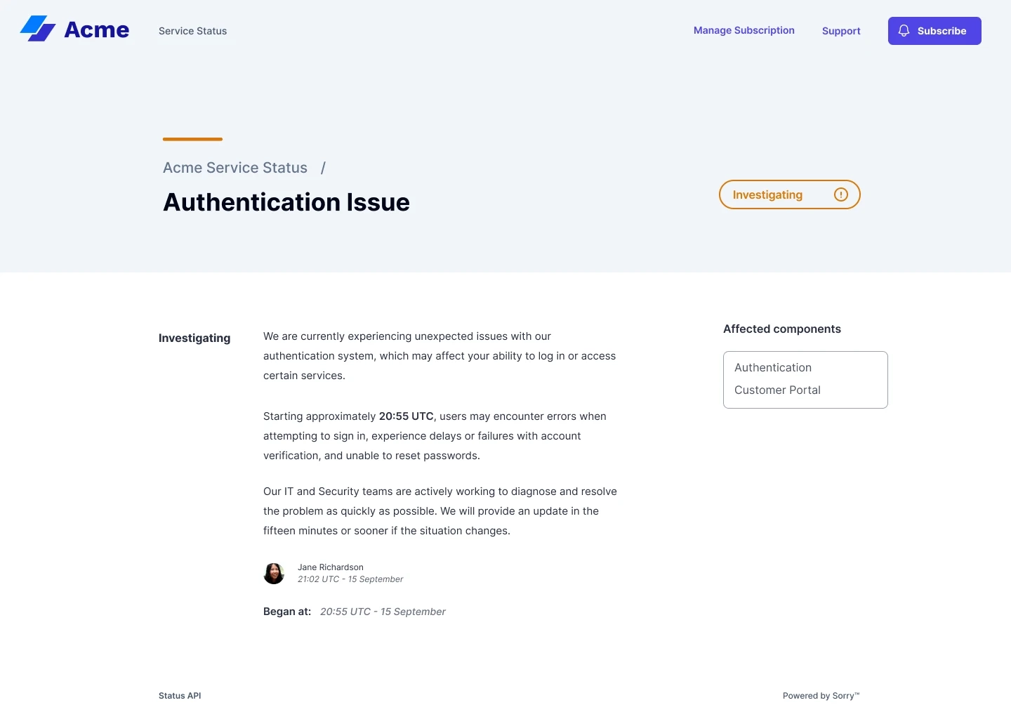 Sorry™ incident notice page for Authentication Issue showing investigating status with affected components Authentication and Customer Portal, dated September 15 at 21:02 UTC.