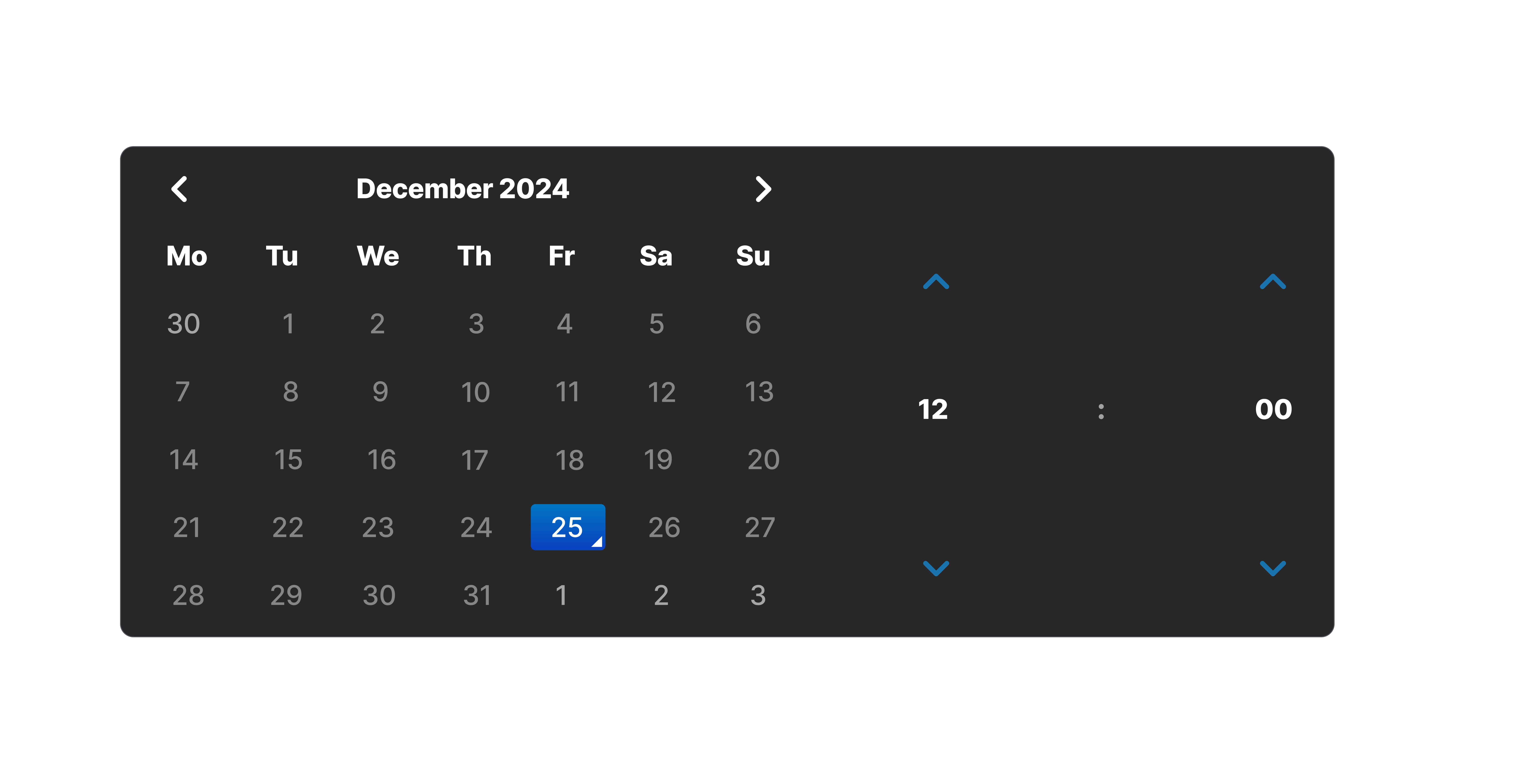 Sorry™ maintenance scheduling calendar picker showing December 2024 with date 25 selected and time picker set to 12:00.