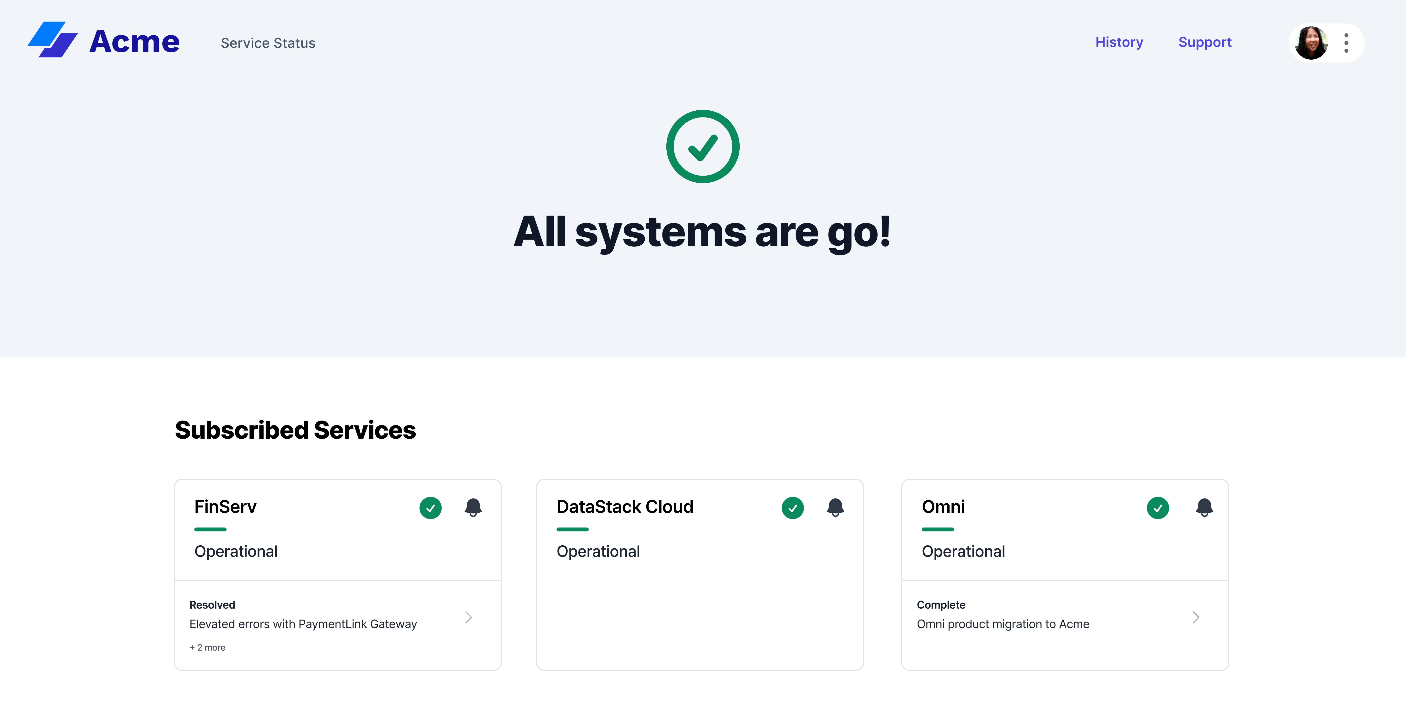 Sorry™ Collection showing personalized subscriber view showing FinServ, DataStack Cloud and Omni as the users services.