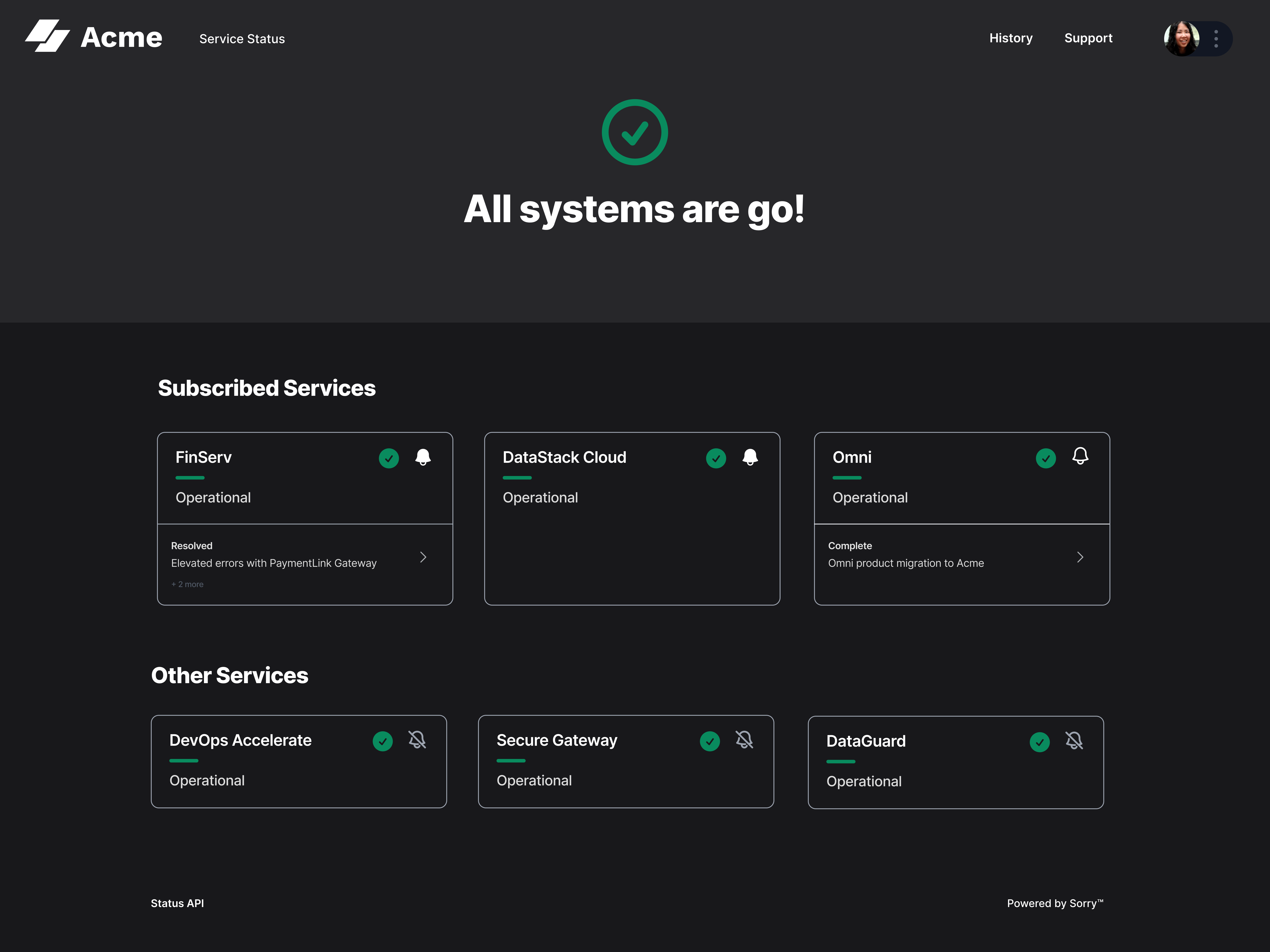 Sorry™ authenticated collection overview for Acme showing all systems operational with subscribed services FinServ, DataStack Cloud, and Omni, plus other services DevOps Accelerate, Secure Gateway, and DataGuard.