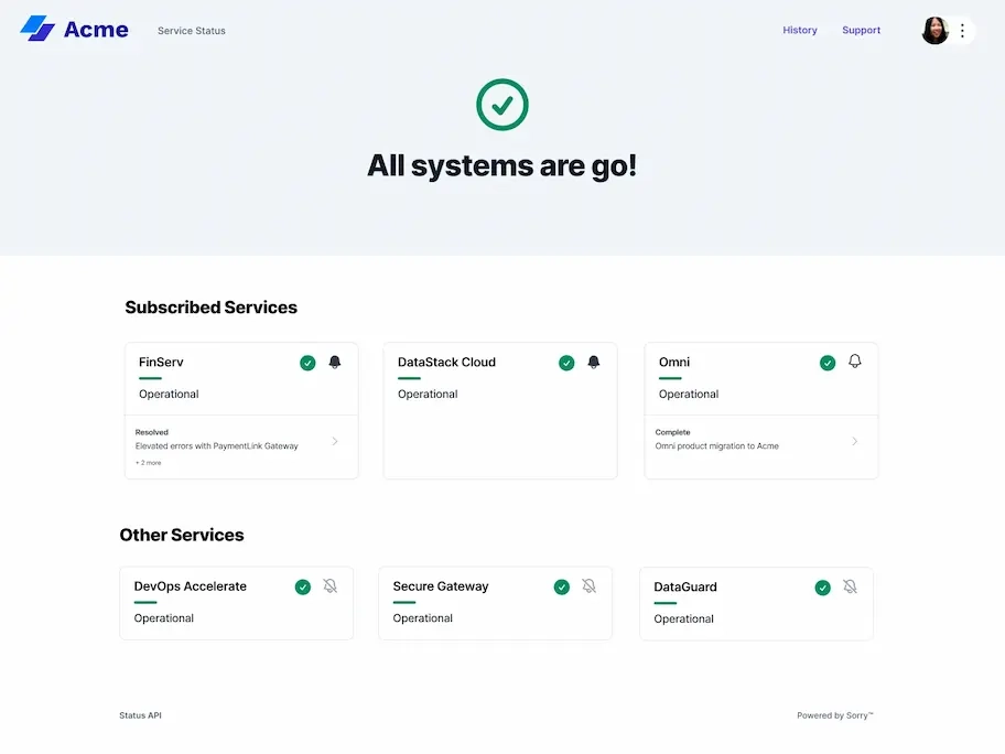 Sorry™ authenticated collection overview for Acme showing all systems operational with subscribed services FinServ, DataStack Cloud, and Omni, plus other services DevOps Accelerate, Secure Gateway, and DataGuard.