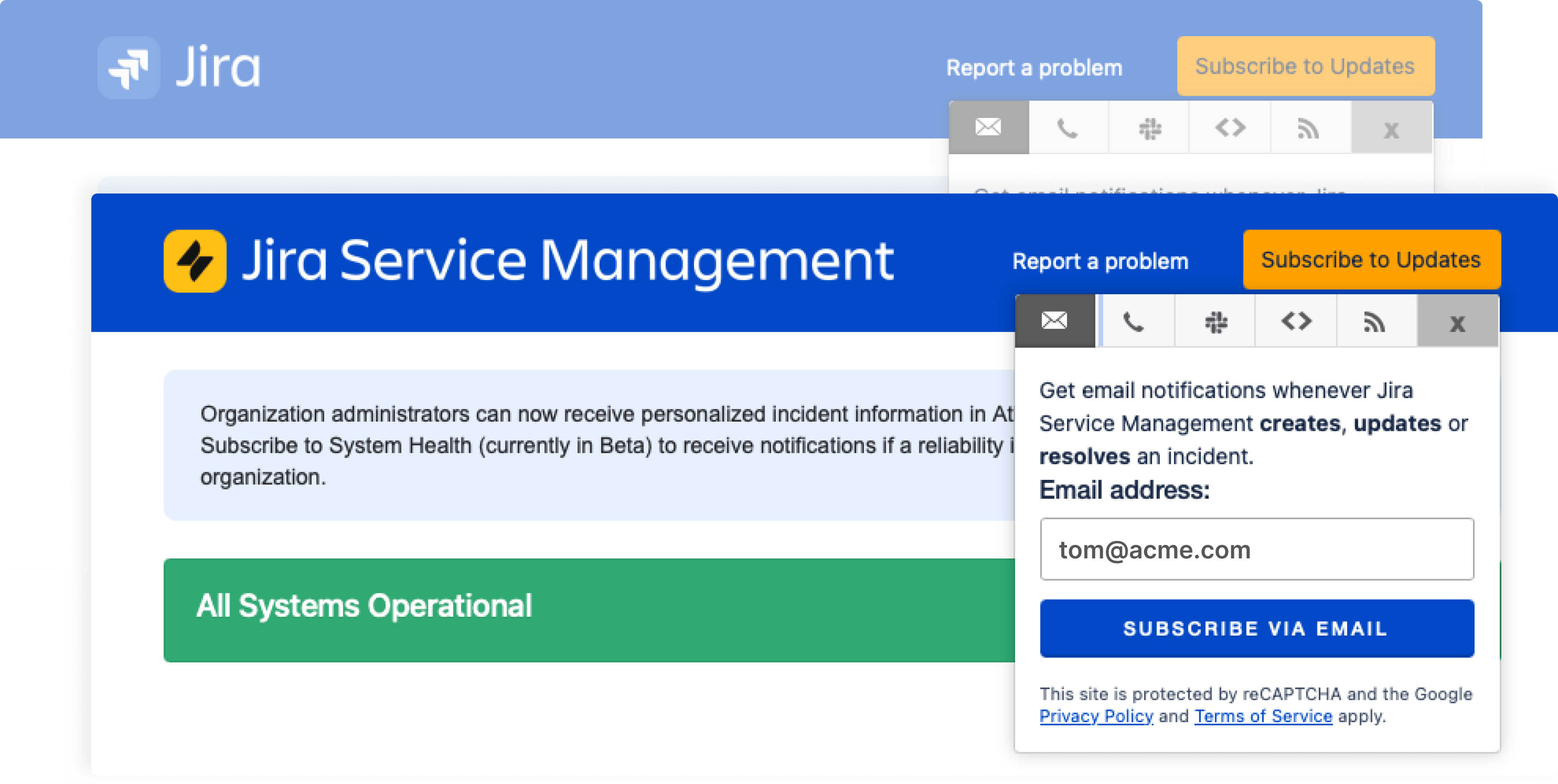 Atlassian Statuspage with two separate pages entering email address in the subscriber form twice, one for Jira and another for Jira Service Management