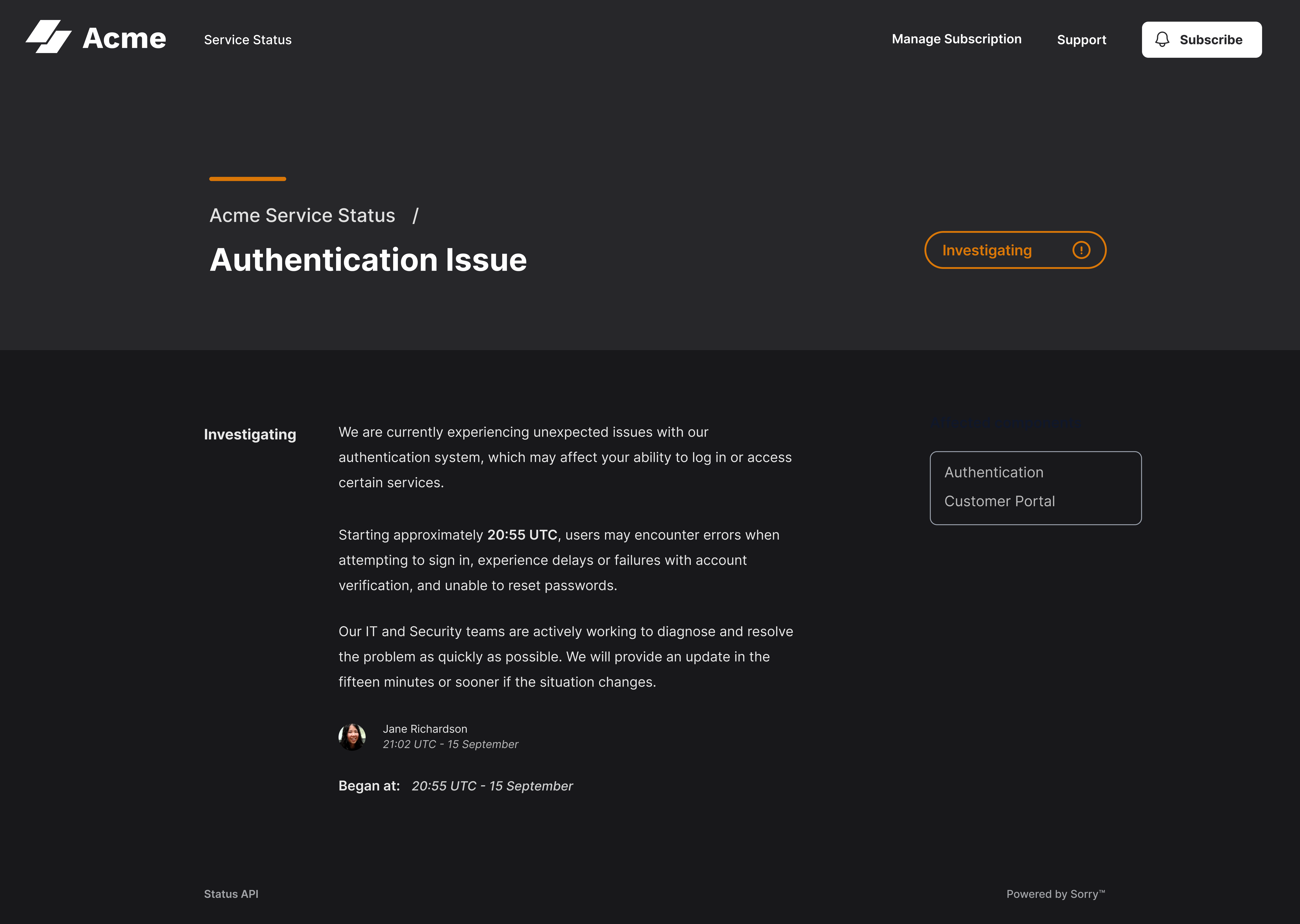 Sorry™ incident notice page for Authentication Issue showing investigating status with affected components Authentication and Customer Portal, dated September 15 at 21:02 UTC.