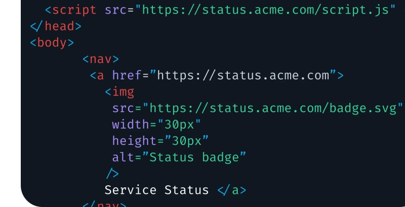 HTML code example showing how to embed Sorry™ status badge in website navigation with script and image tags.