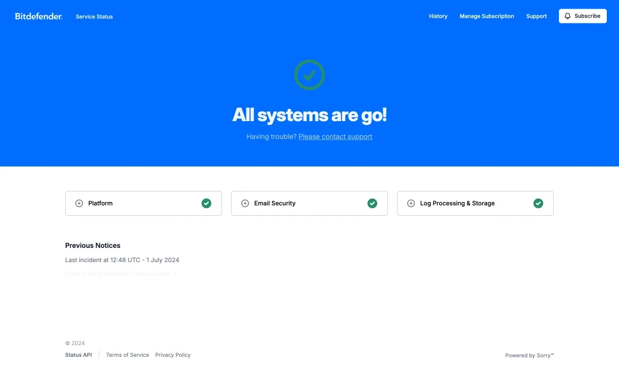 Bitdefender GravityZone Status